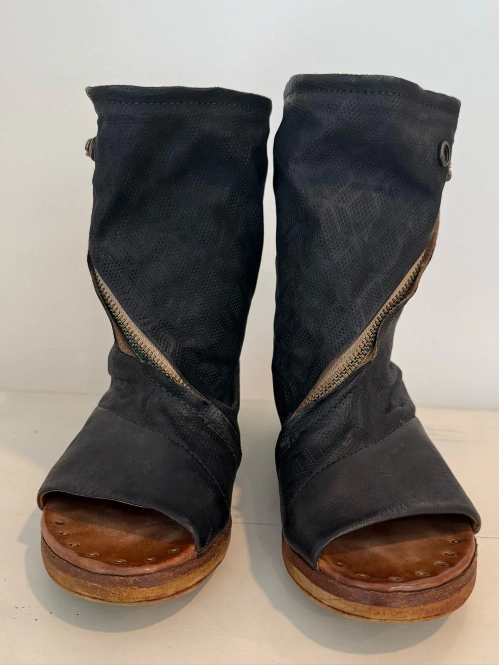 A.S.98 Brielle Peep Toe Slouch Zip Bootie Black Leather Size 38 (US 7.5-8)